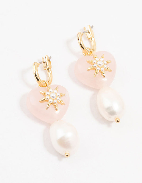 Gold Plated Semiprecious Rose Quartz Heart & Pearl Earrings