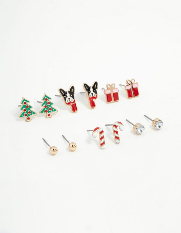 Kids French Bulldog & Candy Cane Gold Stud Earrings 6-Pack