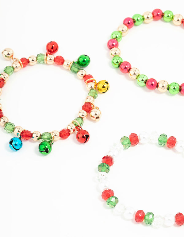 Kids Beaded Jingle Bells Stretched Charm Bracelets 4-Pack
