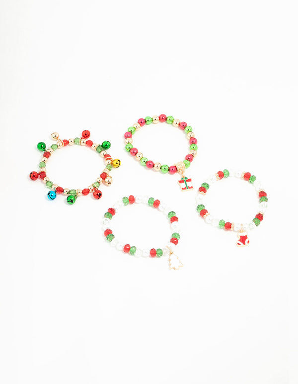 Kids Beaded Jingle Bells Stretched Charm Bracelets 4-Pack