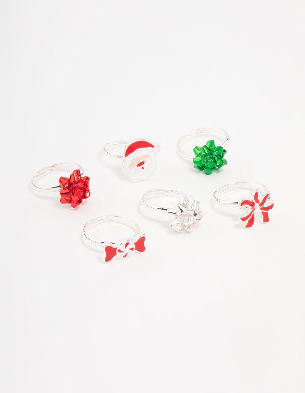 Kids Silver Bow & Santa Rings 6-Pack