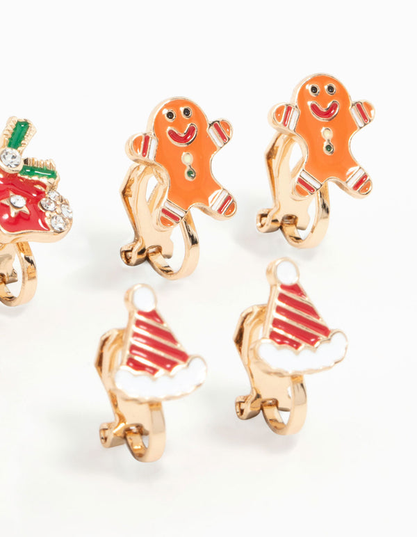 Kids Gold Gingerbread Man & Santa Hat Clip On Earrings 5-Pack