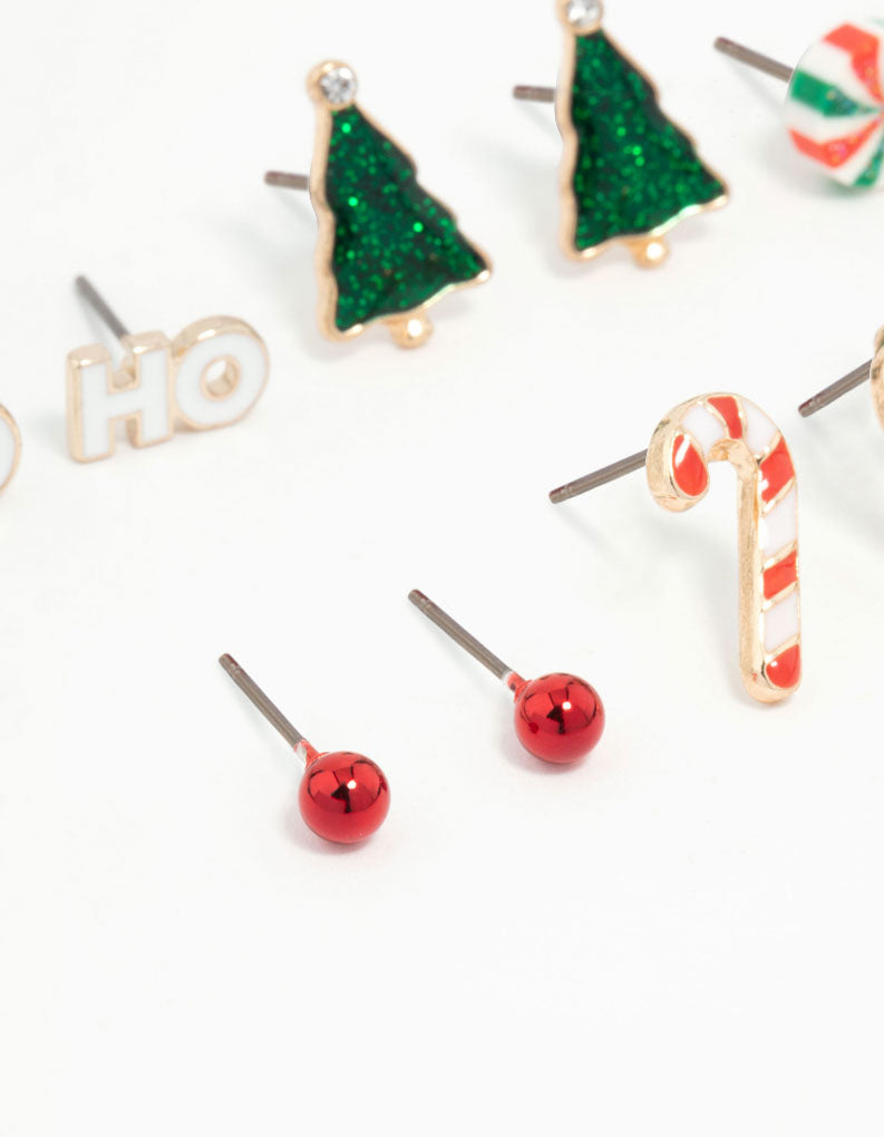 Kids Festive Ho Ho & Candy Cane Stud Earrings 6-Pack