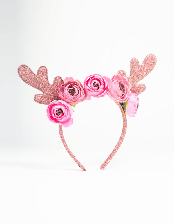 Kids Pink Glittery Fabric Flower Antler Headband