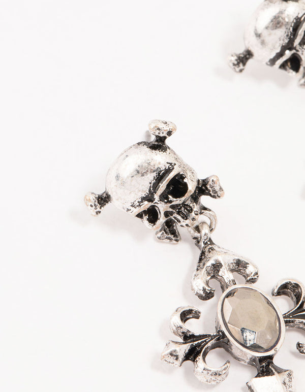 Antique Silver Skull Cross Drop Earrings