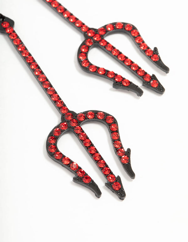Red Diamante Pitchfork Drop Earrings