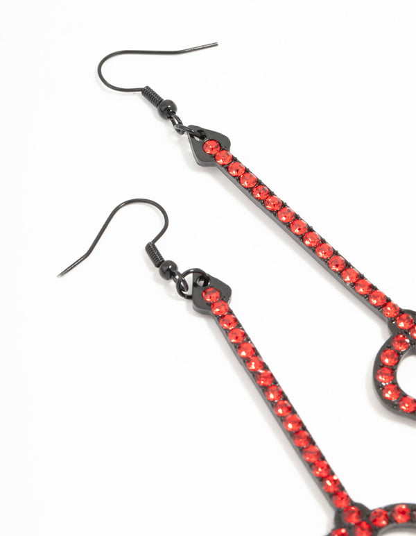 Red Diamante Pitchfork Drop Earrings