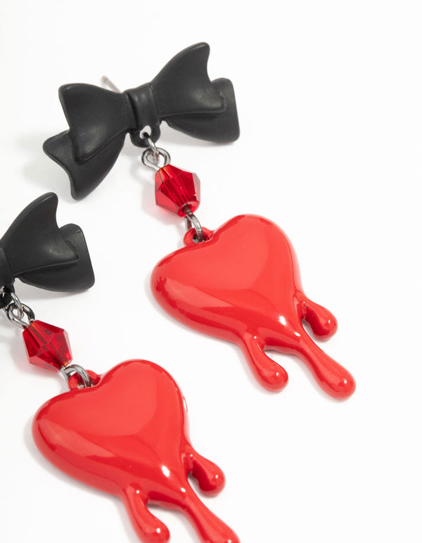 Black & Red Heart Droplet Bow Drop Earrings