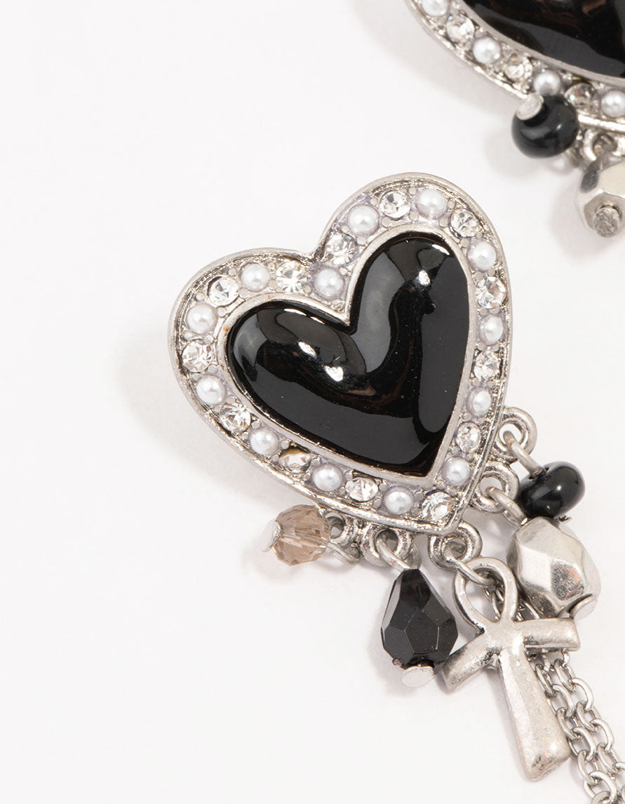 Black Heart Chain Silver Drop Earrings