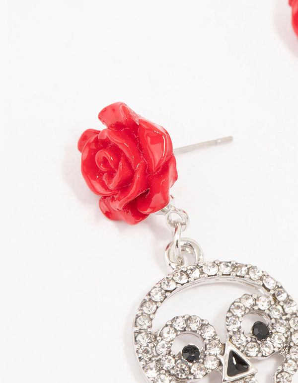 Red Floral Skull Silver Drop Earrings
