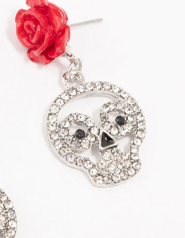 Red Floral Skull Silver Drop Earrings