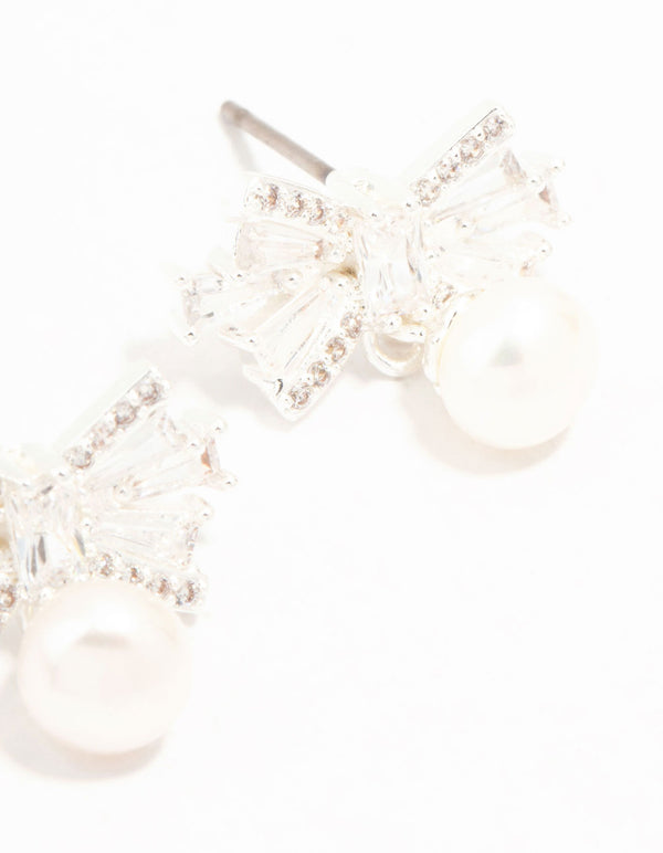 Silver Plated Baguette Cut Cubic Zirconia Bow & Freshwater Pearl Drop Earrings