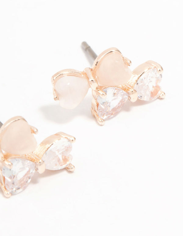 Rose Gold Plated Double Pink & Cubic Zirconia Bow Stud Earrings