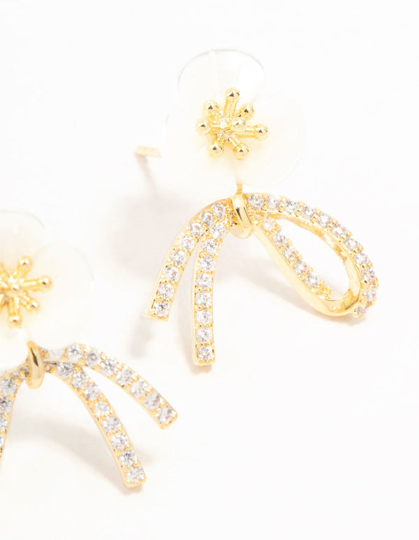 Real Gold Plated Pearlised Flower & Ribbon Cubic Zirconia Bow Stud Earrings