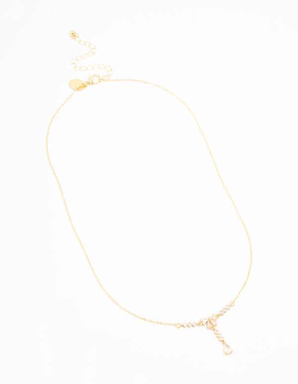 Real Gold Plated Baguette Cut Cubic Zirconia Bow Y-Necklace