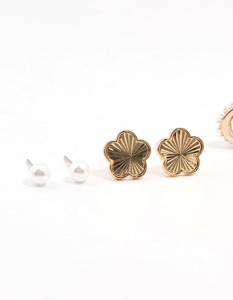 Gold Pearl & Flower Earrings 4-Pack