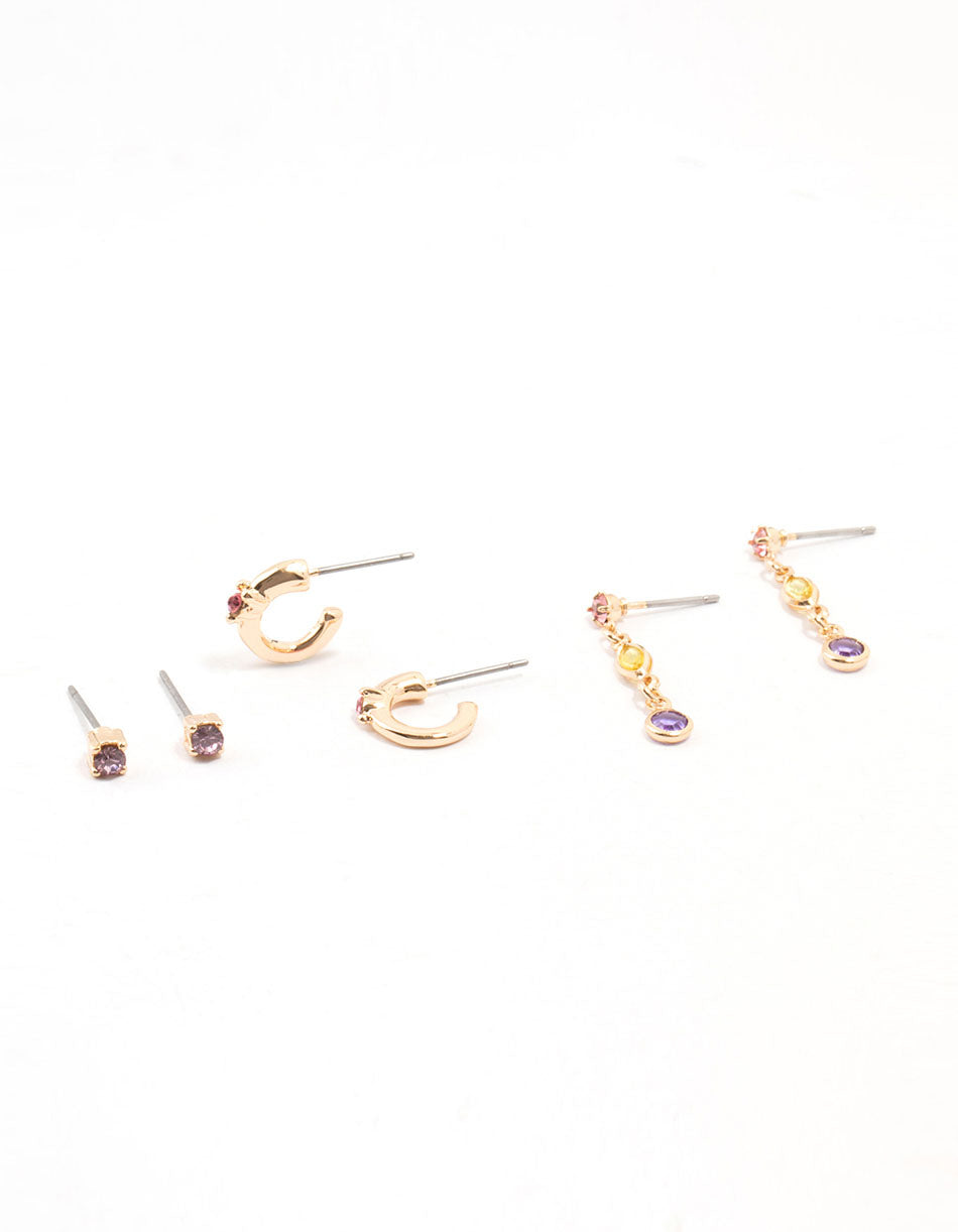 Gold Mixed Round & Marquise Purple Diamante Crystal Earrings 3-Pack