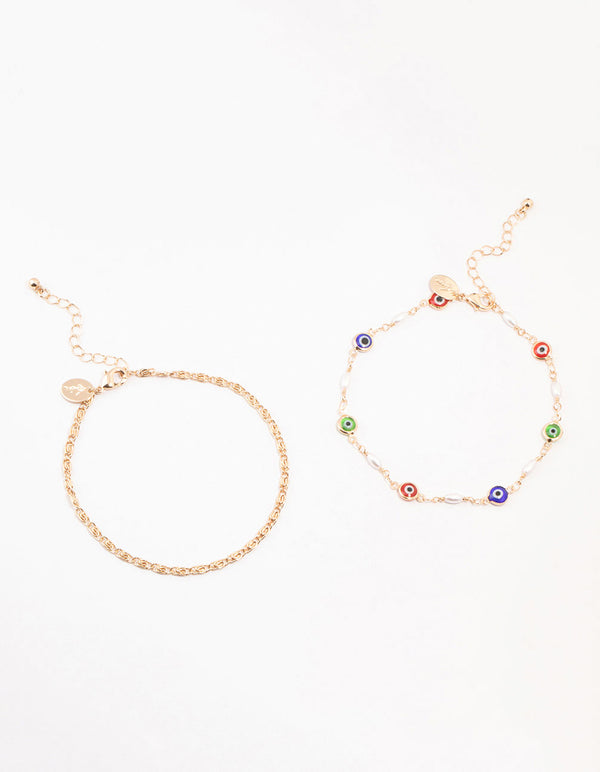 Gold Pearl & Evil Eye Anklets 2-Pack