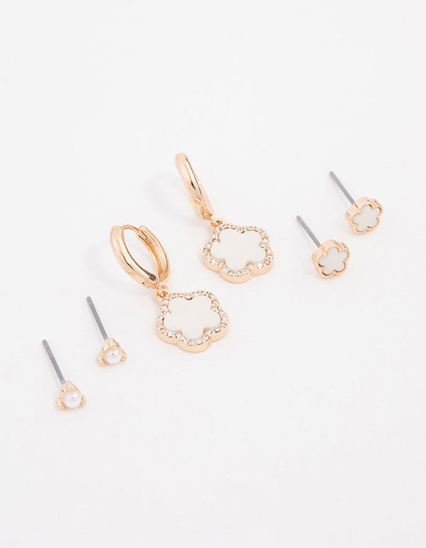 Gold Pearl Flower Classic Earrings 3-Pack