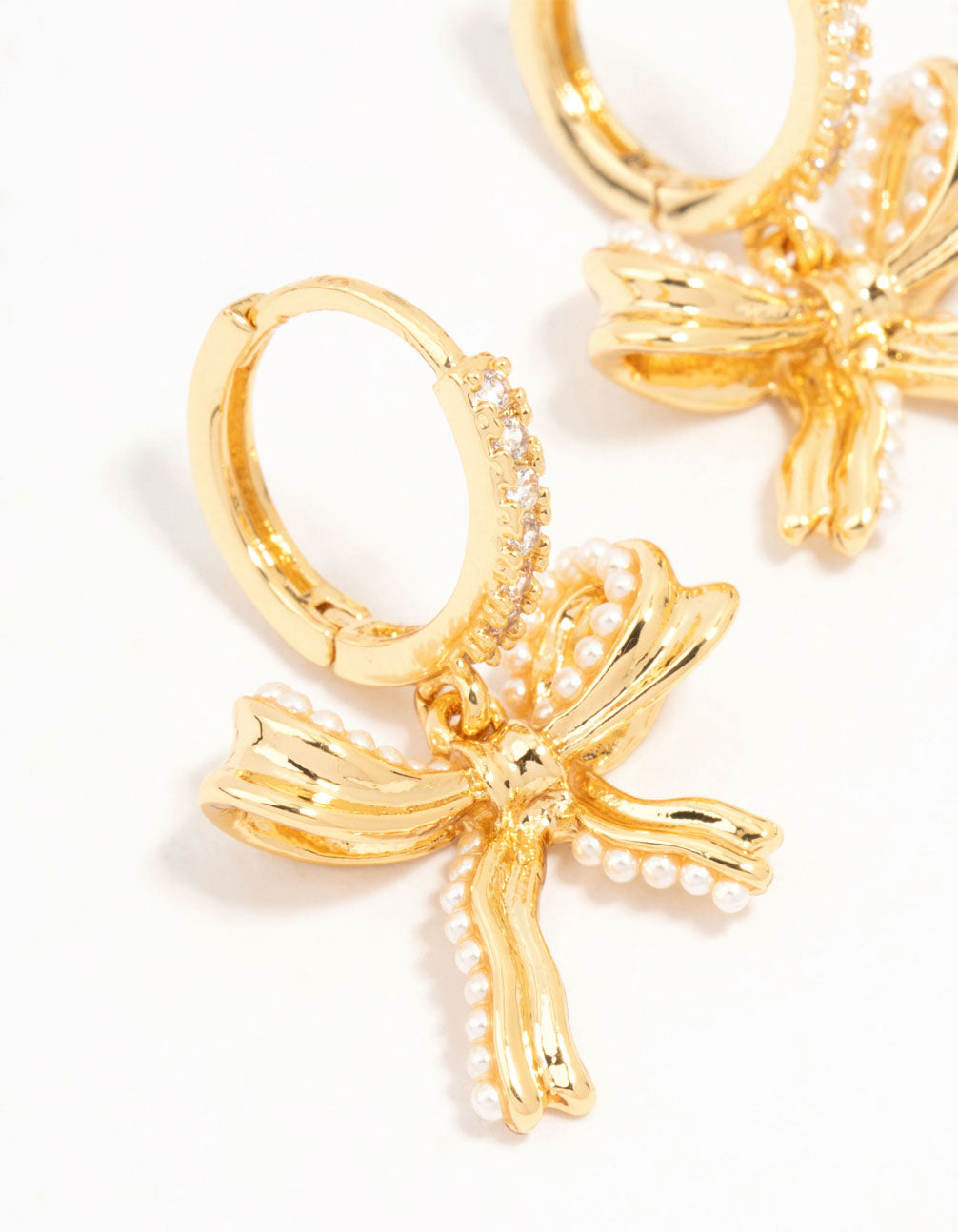 Gold Plated Brass Freshwater Pearl Encrusted Bow Drop Huggie Earrings