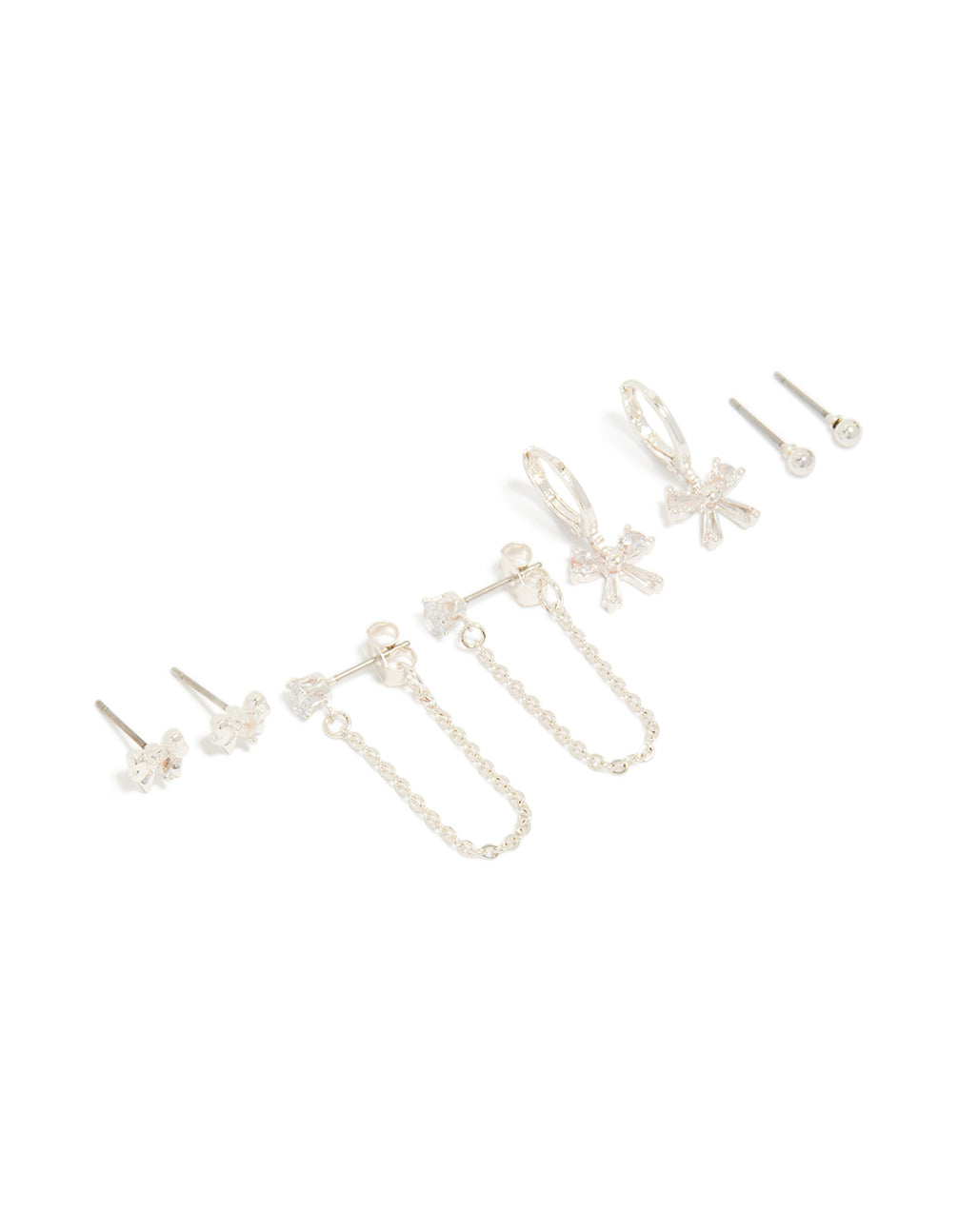 Silver Plated Bow Cubic Zirconia Chain & Stud Earrings 4-Pack