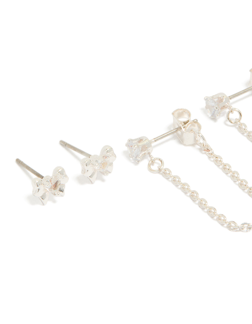 Silver Plated Bow Cubic Zirconia Chain & Stud Earrings 4-Pack