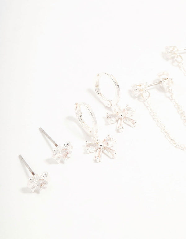 Silver Plated Bow Cubic Zirconia Chain & Stud Earrings 4-Pack