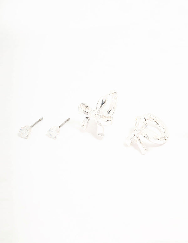 Silver Plated Bow Huggie & Cubic Zirconia Stud Earrings 3-Pack