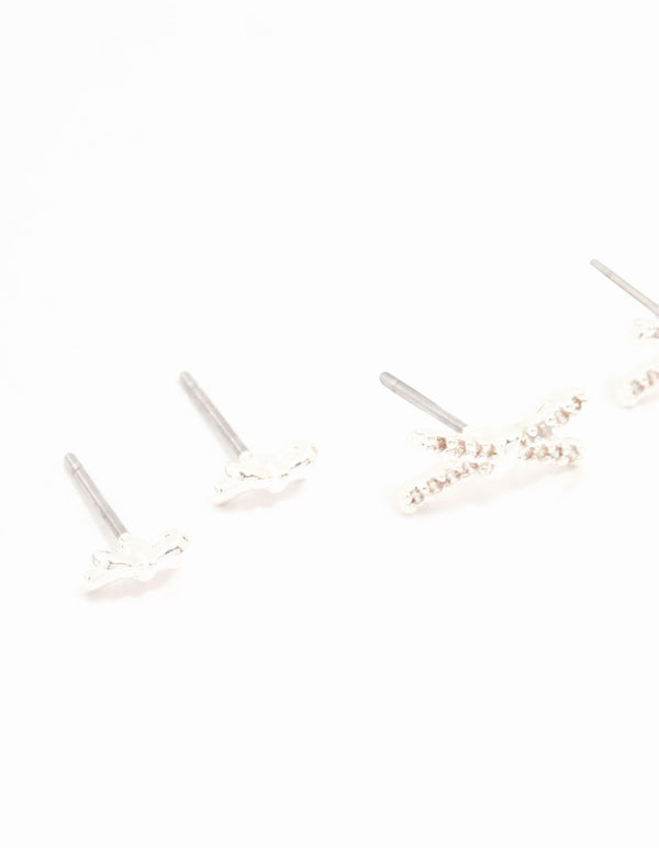 Silver Plated Graduating Pave Set Cubic Zirconia Bow Earrings 3-Pack