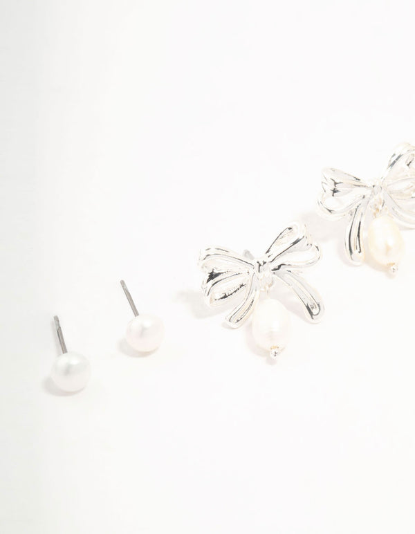 Silver Plated Bow & Freshwater Pearl Drop Earrings 3-Pack