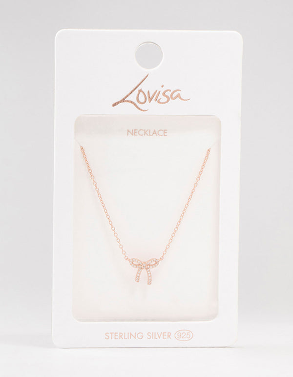 Rose Gold Plated Sterling Silver Cubic Zirconia Bow Necklace