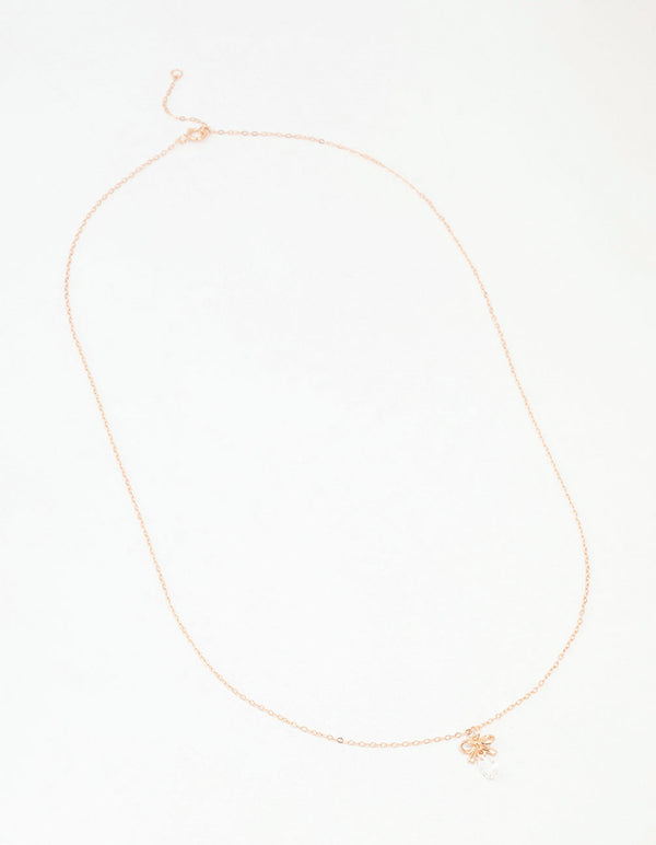 Rose Gold Plated Sterling Silver Bow And Pear Crystal Necklace