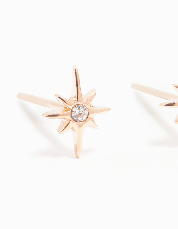 Rose Gold Plated Sterling Silver Mini Starburst Cubic Zirconia Stud Earrings