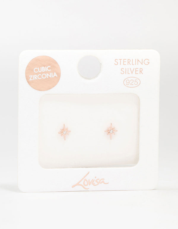 Rose Gold Plated Sterling Silver Mini Starburst Cubic Zirconia Stud Earrings