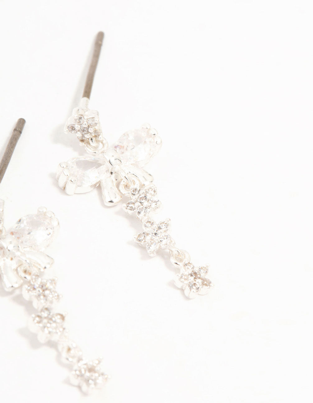 Silver Plated Cubic Zirconia Bow & Mini Flower Drop Earrings