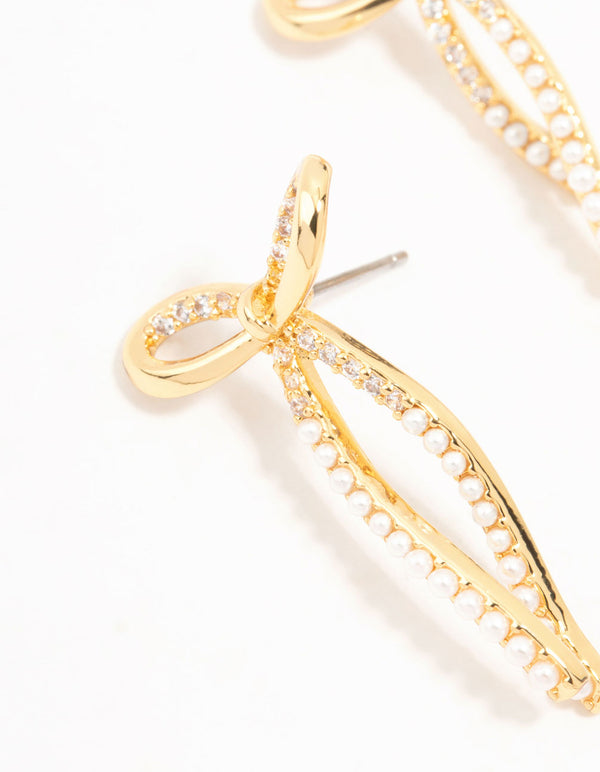 Real Gold Plated Freshwater Pearl & Cubic Zirconia Mixed Bow Earrings