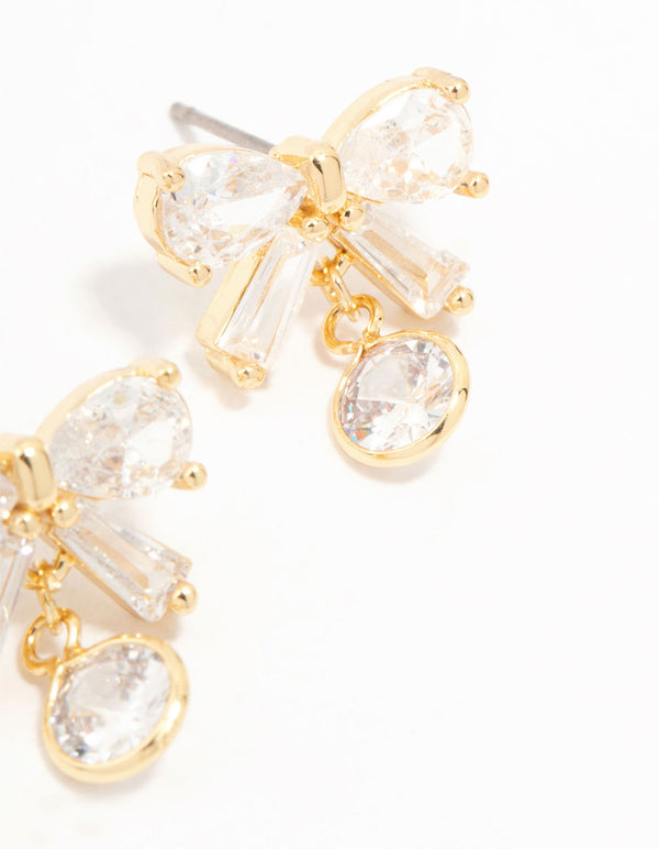 Real Gold Plated Cubic Zirconia Bow & Round Drop Earrings