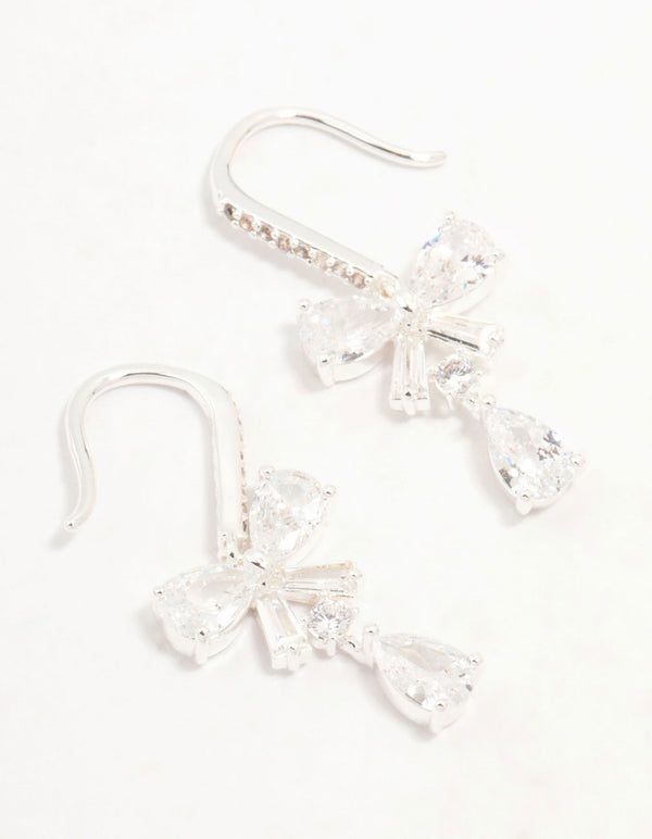 Silver Plated Pear Cut Cubic Zirconia Bow Hook Earrings