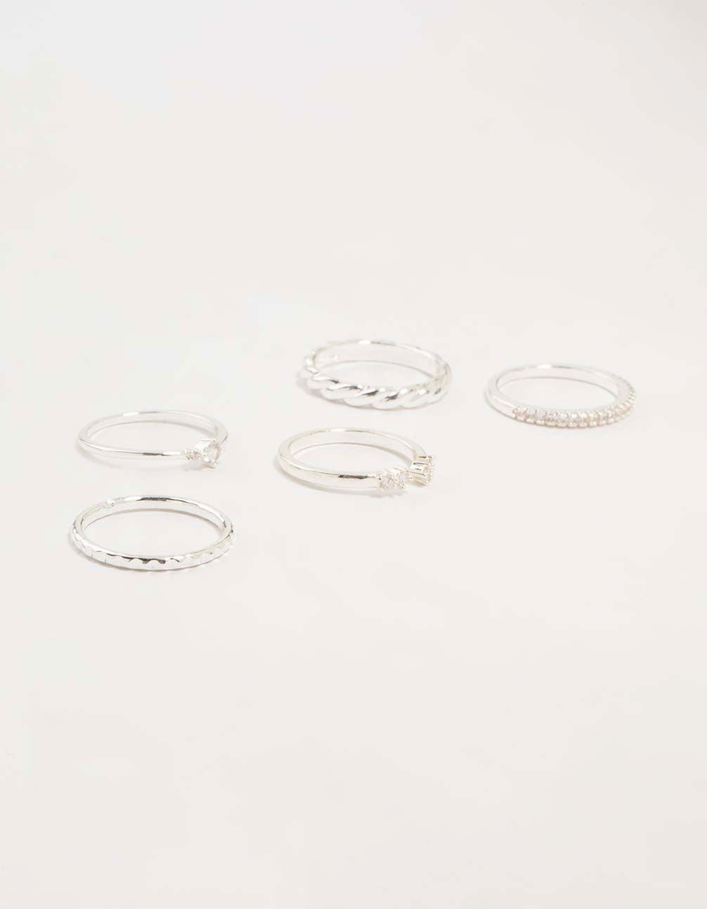 Silver Plated Dainty Diamante Stacking Rings 5-Pack