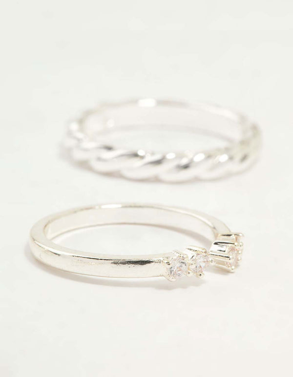 Featuring silver plated dainty diamante stacking rings 5-pack side detail view