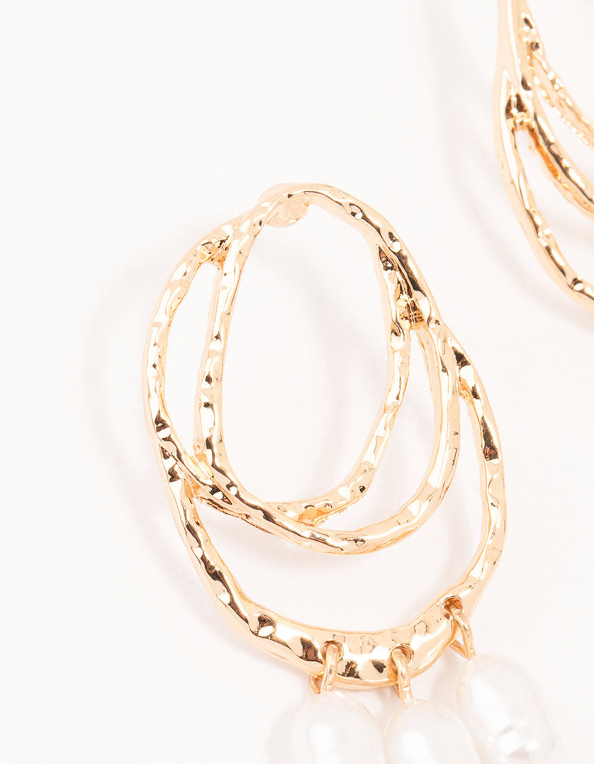 Gold Textured Oval Pearl Drop Earrings