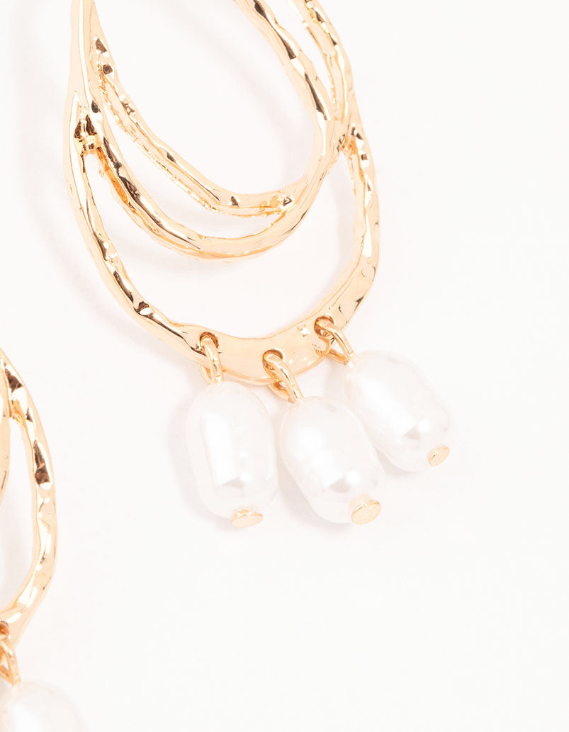 Gold Textured Oval Pearl Drop Earrings