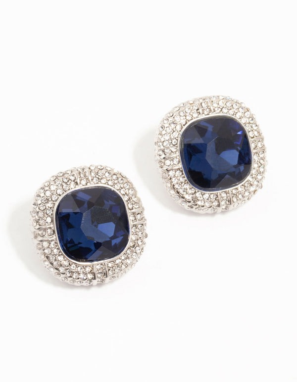 Silver Large Blue Diamante Stud Earrings
