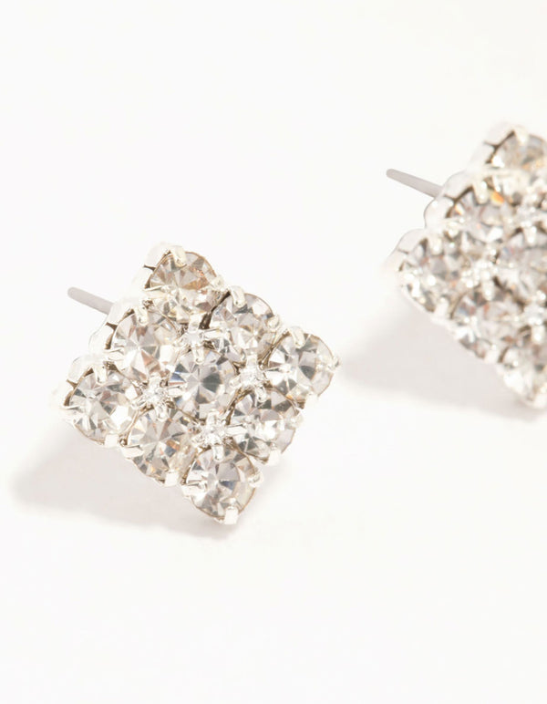 Silver Diamante Square Cup Chain Stud Earrings 2-Pack