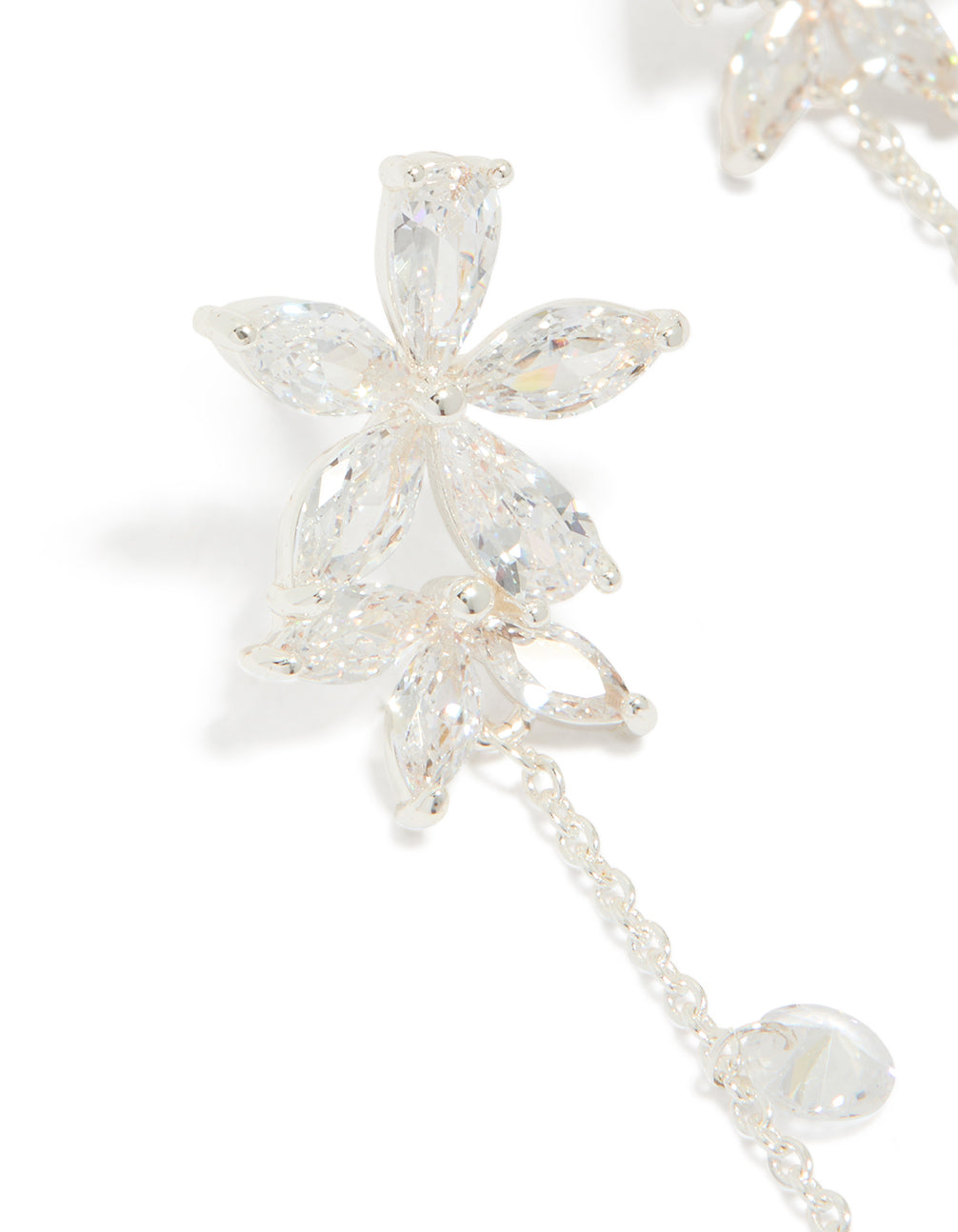 Stunning flower station drop earrings crafted from silver plated cubic zirconia featuring floral charm elements close up view