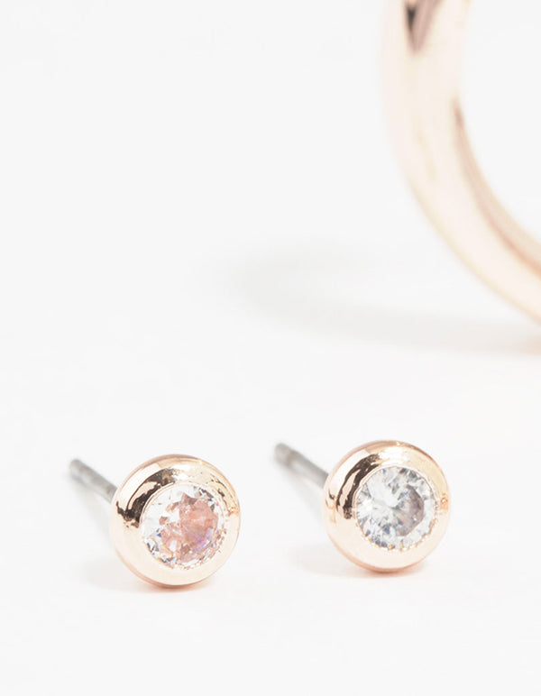 Rose Gold Plated Cubic Zirconia Stud & Large Hoop Earrings 2-Pack