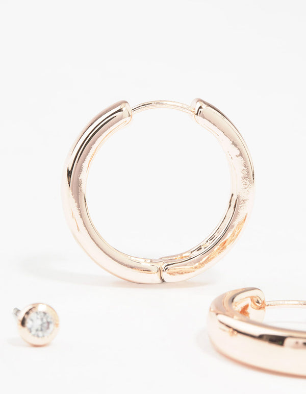 Rose Gold Plated Cubic Zirconia Stud & Large Hoop Earrings 2-Pack