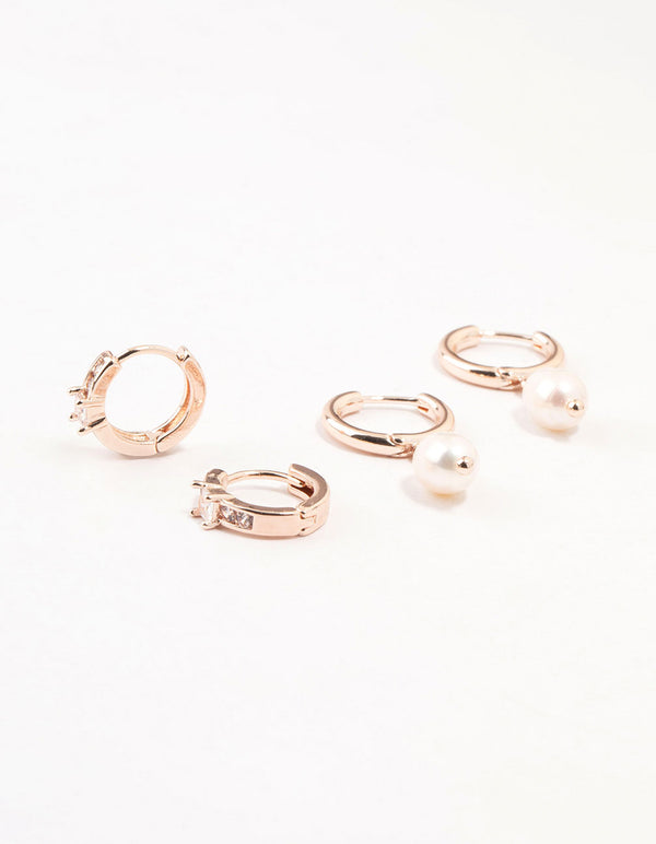 Rose Gold Cubic Zirconia & Freshwater Pearl Huggie Earrings 2-Pack