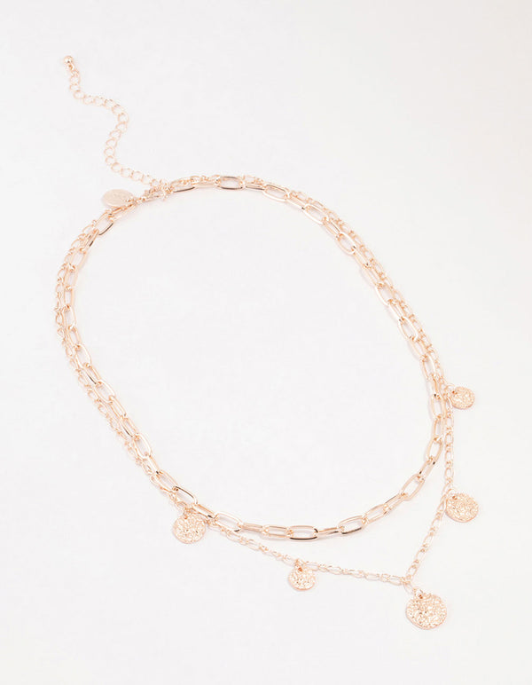 Rose Gold Plated Molten Disc Drop Layered Necklace