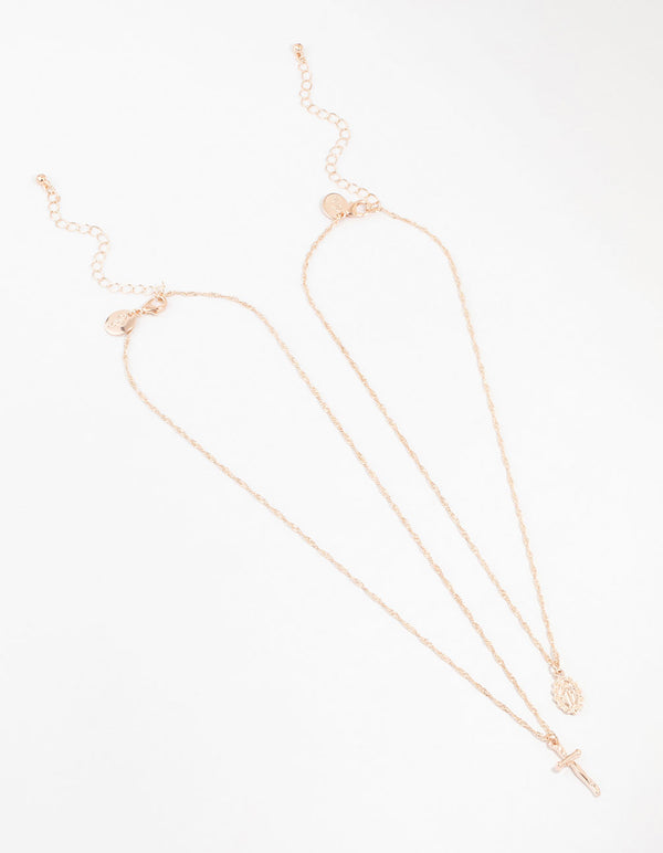 Rose Gold Plated Mary Hammered Cross Necklaces 2-Pack